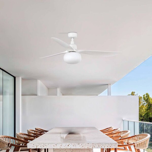 FARO BARCELONA Ventilatore da soffitto con luce Outwood, bianco, DC, silenzioso, Ø150cm dimmerabile, Soggiorno / Sala da pranzo, Plastica, Moderno
