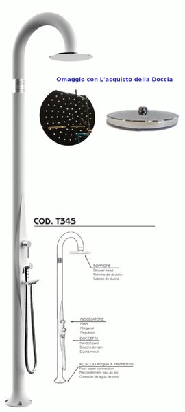 Doccia da Giardino Piscina in Resina FUNNY YIN BIANCO Dimensioni 232x30x17 cm - peso 10 kg con Soffione 250 mm Con Doccino mobile
