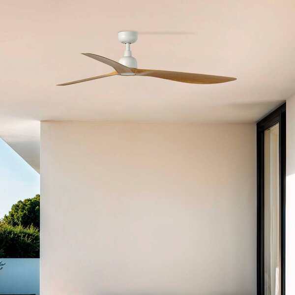 FARO BARCELONA Ventilatore da soffitto Outwood, marrone, DC, silenzioso, Ø 150 cm, IP44 Outwood, Legno chiaro, Soggiorno / Sala da pranzo, Plastica, Campagna / Rustiche