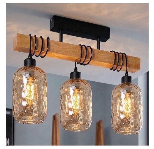 Brilagi - Plafoniera WOOD GLASS 3xE27/60W/230V pino/nero/marrone fumé