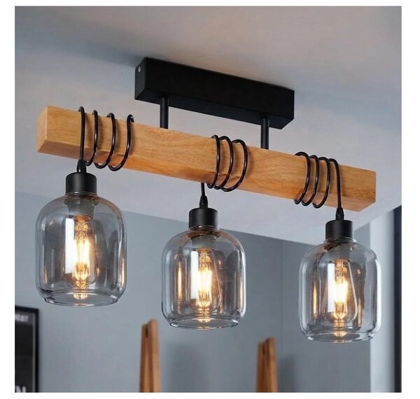 Brilagi - Lampadario a plafone WOOD GLASS 3xE27/60W/230V pino/nero/grigio fumé