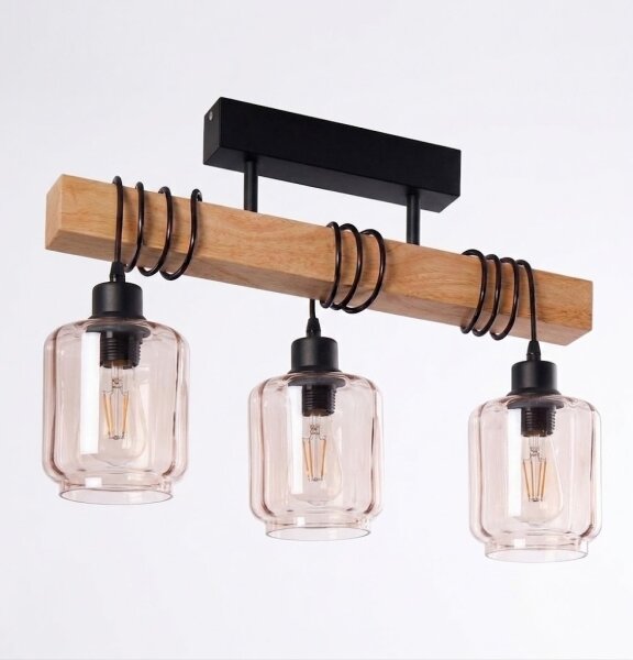 Brilagi - Lampadario da soffitto a montaggio superficiale WOOD GLASS 3xE27/60W/230V pino/nero/beige fumé