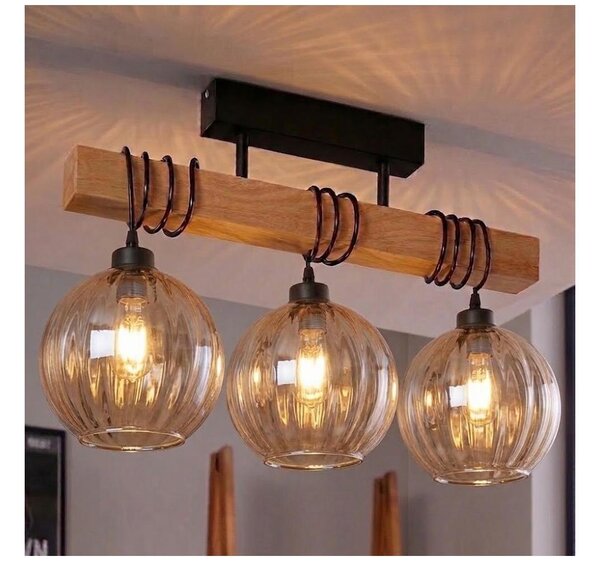 Brilagi - Lampadario da soffitto a montaggio superficiale WOOD GLASS 3xE27/60W/230V pino/nero/marrone fumé