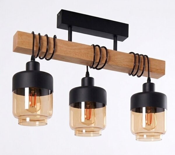 Brilagi - Lampadario a plafone WOOD GLASS 3xE27/60W/230V pino/nero/marrone fumé