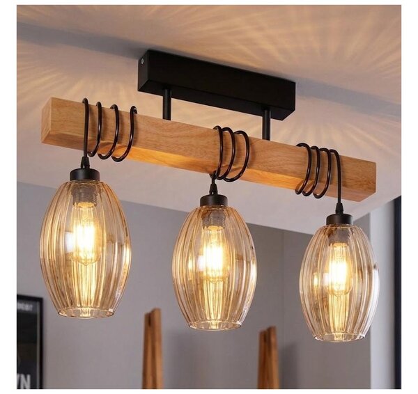 Brilagi - Lampadario da soffitto WOOD GLASS 3xE27/60W/230V pino/nero/beige fumé