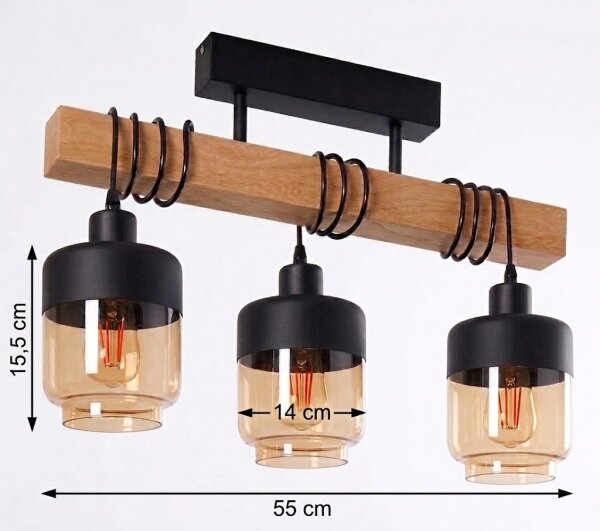 Brilagi - Lampadario a plafone WOOD GLASS 3xE27/60W/230V pino/nero/marrone fumé
