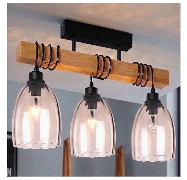 Brilagi - Lampadario a plafone WOOD GLASS 3xE27/60W/230V pino/nero/beige fumé