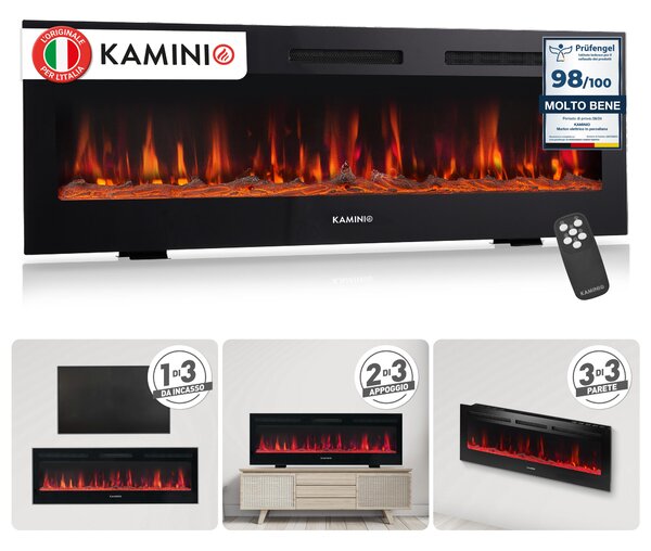 KAMINIO Camino elettrico MARLON - Caminetto elettrico 3-in-1 con riscaldamento, effetto fiamma 3D, 12 colori di fiamma, telecomando - 60 pollici