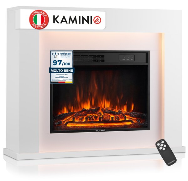 KAMINIO Camino elettrico MATTI - Caminetto da pavimento con riscaldamento, effetto fiamma 3D, luce ambiente a LED, telecomando - Bianco