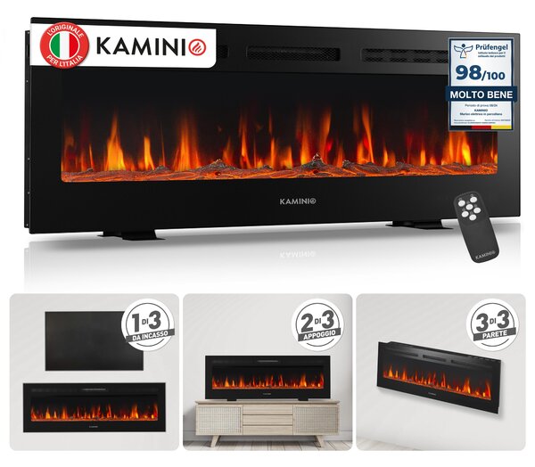 KAMINIO Camino elettrico MARLON - Caminetto elettrico 3-in-1 con riscaldamento, effetto fiamma 3D, 12 colori di fiamma, telecomando - 50 pollici