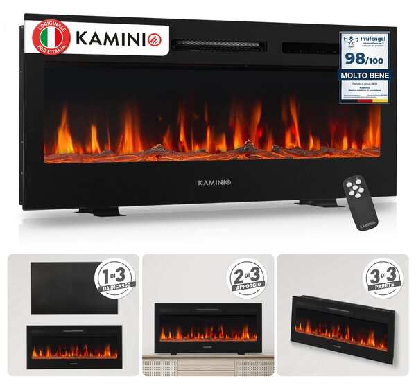 KAMINIO Camino elettrico MARLON - Caminetto elettrico 3-in-1 con riscaldamento, effetto fiamma 3D, 12 colori di fiamma, telecomando - 42 pollici