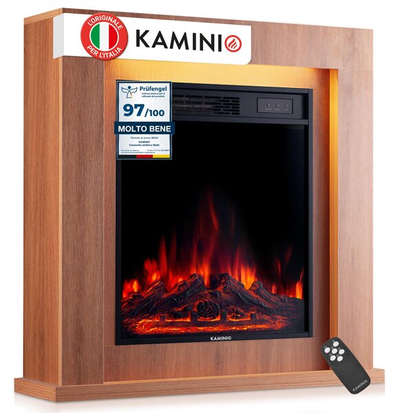 KAMINIO Camino elettrico MATTI - Camino elettrico da terra con riscaldamento, effetto fiamma 3D, luce d'atmosfera a LED, telecomando - 32 pollici, rovere
