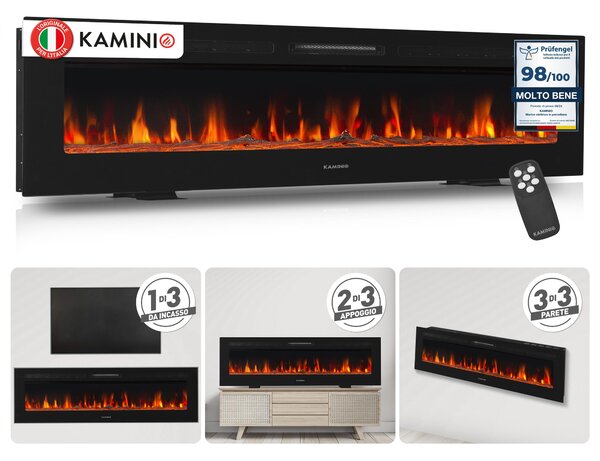 KAMINIO Camino elettrico MARLON - Camino elettrico 3 in 1 con riscaldamento, effetto fiamma 3D, 12 colori della fiamma, telecomando - 70 pollici