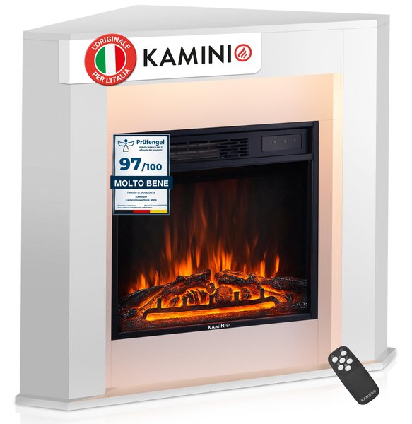 KAMINIO Camino elettrico MATTI - Camino elettrico angolare con riscaldamento, effetto fiamma 3D, luce d'atmosfera a LED, telecomando - angolare, bianco