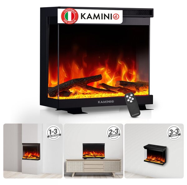 KAMINIO Camino elettrico LEA - Camino elettrico 3 in 1 con vista panoramica, riscaldamento, effetto fiamma 3D, 12 colori della fiamma, telecomando - 30 pollici