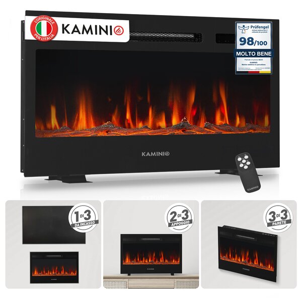 KAMINIO Camino elettrico MARLON - Camino elettrico 3 in 1 con riscaldamento, effetto fiamma 3D, 12 colori della fiamma, telecomando - 30 pollici
