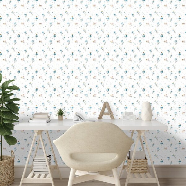 Carta da parati – Delicati fiori blu su sfondo bianco