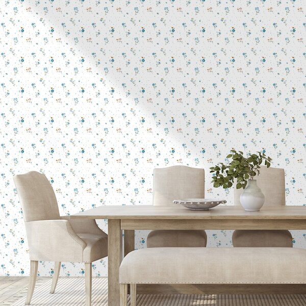 Carta da parati – Delicati fiori blu su sfondo bianco