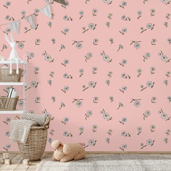 Carta da parati – Sfondo rosa con fiori bianchi