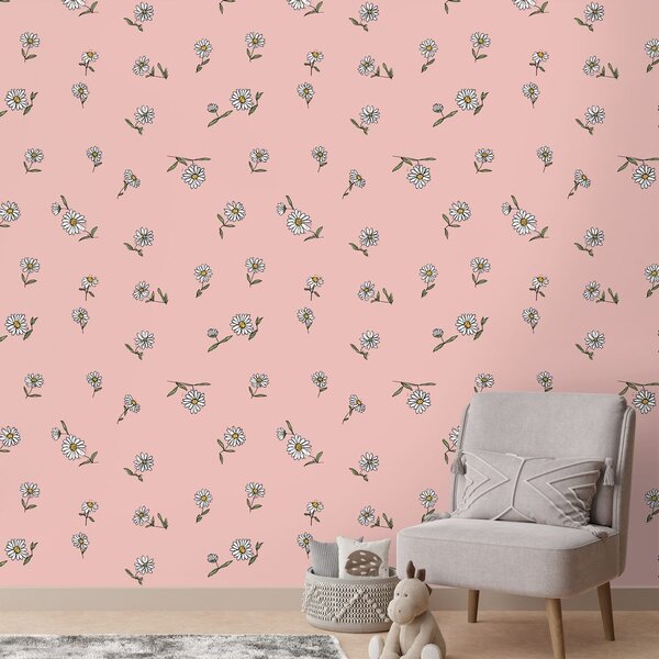 Carta da parati – Sfondo rosa con fiori bianchi