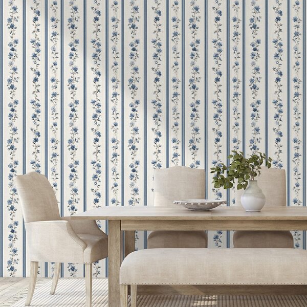 Carta da parati – Fiori blu su strisce