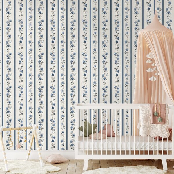 Carta da parati – Fiori blu su strisce