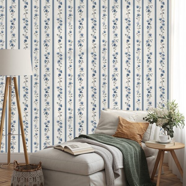 Carta da parati – Fiori blu su strisce