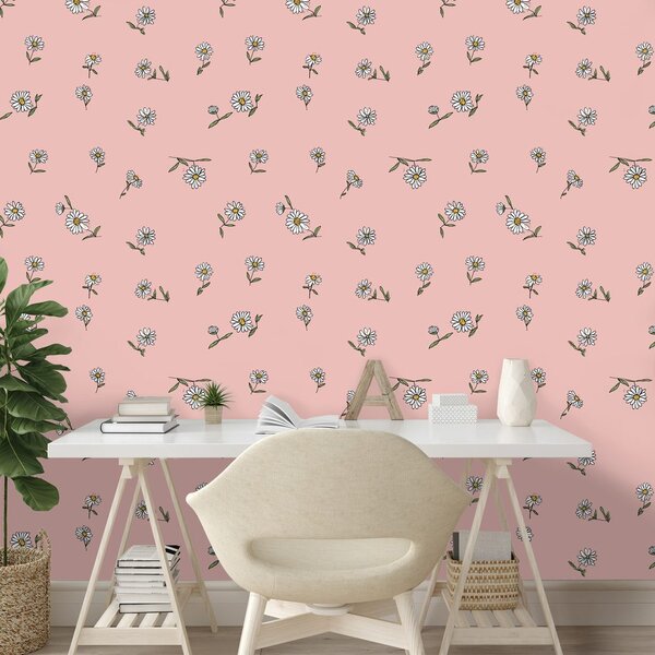 Carta da parati – Sfondo rosa con fiori bianchi