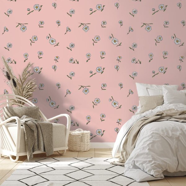 Carta da parati – Sfondo rosa con fiori bianchi