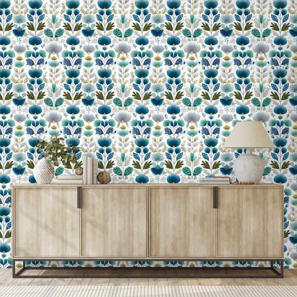 Carta da parati – Fiori blu su sfondo bianco