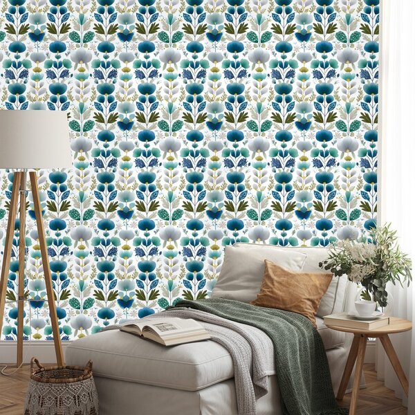 Carta da parati – Fiori blu su sfondo bianco