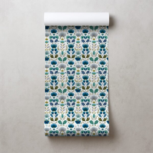Carta da parati – Fiori blu su sfondo bianco