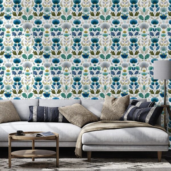 Carta da parati – Fiori blu su sfondo bianco