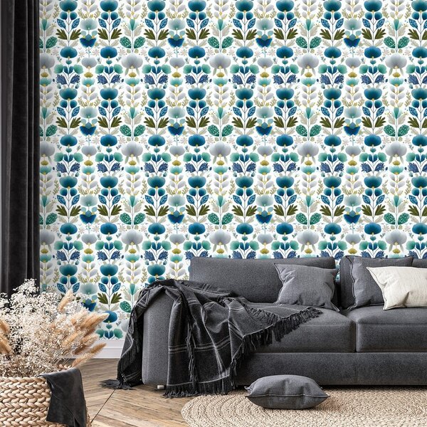 Carta da parati – Fiori blu su sfondo bianco