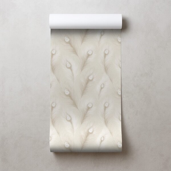 Carta da parati – Piume di pavone beige in stile glamour