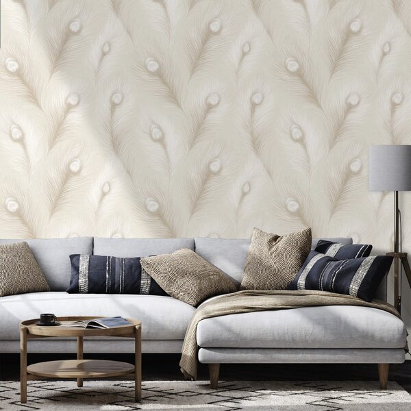 Carta da parati – Piume di pavone beige in stile glamour