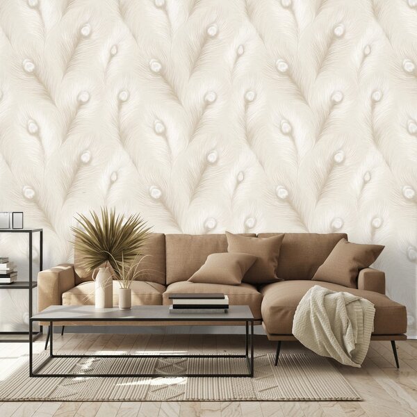 Carta da parati – Piume di pavone beige in stile glamour