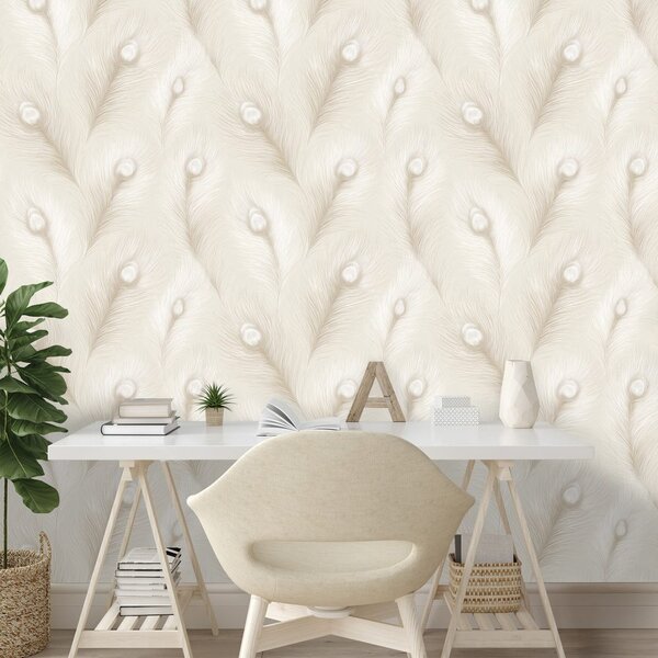 Carta da parati – Piume di pavone beige in stile glamour