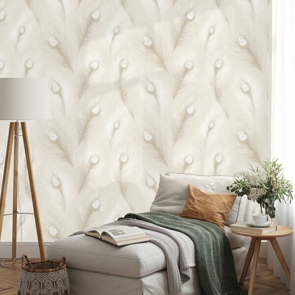 Carta da parati – Piume di pavone beige in stile glamour