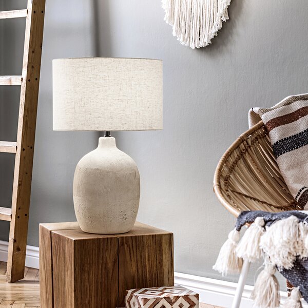 Lampada Tavolo Contemporanea Tribale Ceramica Beige Tessuto Avana 1 Luce E27