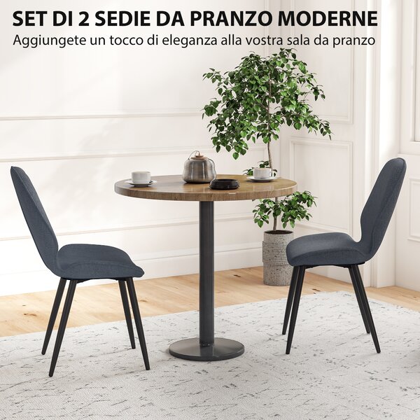 HOMCOM Set 2 Sedie da Pranzo Moderne Imbottite con Schienale Ricurvo, in Tessuto Effetto Lino, Schiuma e Acciaio, 46x56x86cm, Grigio e Nero| Aosom Italy
