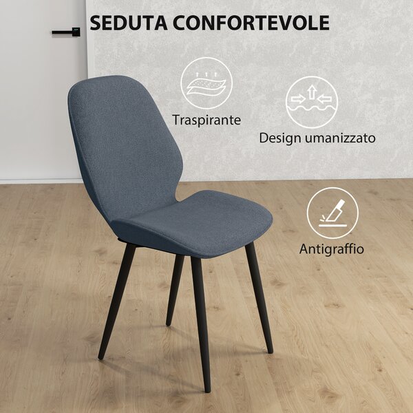 HOMCOM Set 2 Sedie da Pranzo Moderne Imbottite con Schienale Ricurvo, in Tessuto Effetto Lino, Schiuma e Acciaio, 46x56x86cm, Grigio e Nero| Aosom Italy