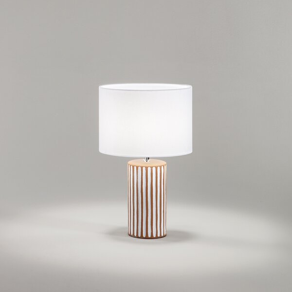 Lampada Tavolo Contemporanea Tribale Ceramica Marrone Bianco Tessuto 1 Luce E27
