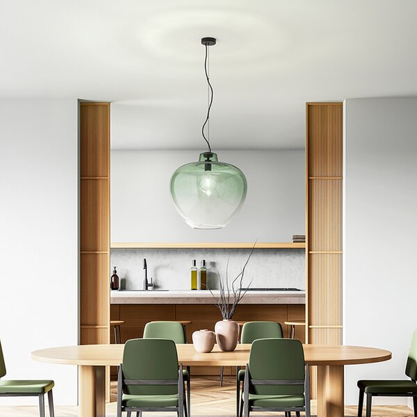 Sospensione Contemporanea Big Bowl Metallo Nero Vetro Verde 1 Luce E27