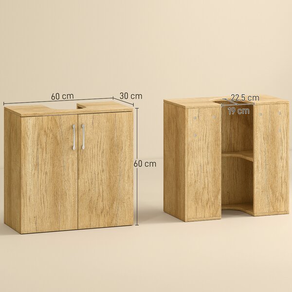 HOMCOM Mobiletto Bagno Sottolavabo Sospeso a 2 Ante con 2 Ripiani in Legno, Colore Naturale