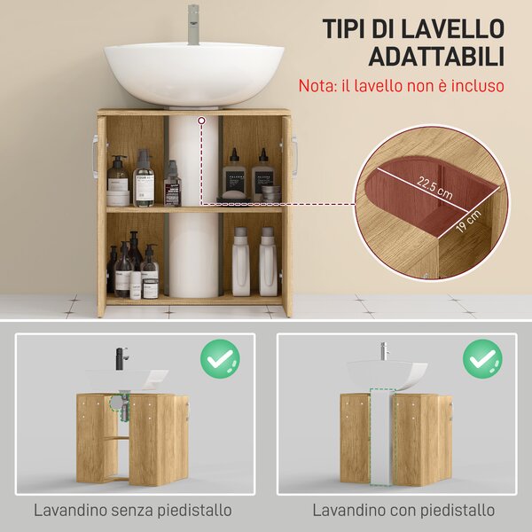 HOMCOM Mobiletto Bagno Sottolavabo Sospeso a 2 Ante con 2 Ripiani in Legno, Colore Naturale