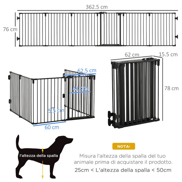 PawHut Cancelletto di Sicurezza Pieghevole 6 Sezioni, Cancellino Barriera per Cani in Acciaio, Sistema di Blocco e Chiusura Automatica, Nero|Aosom