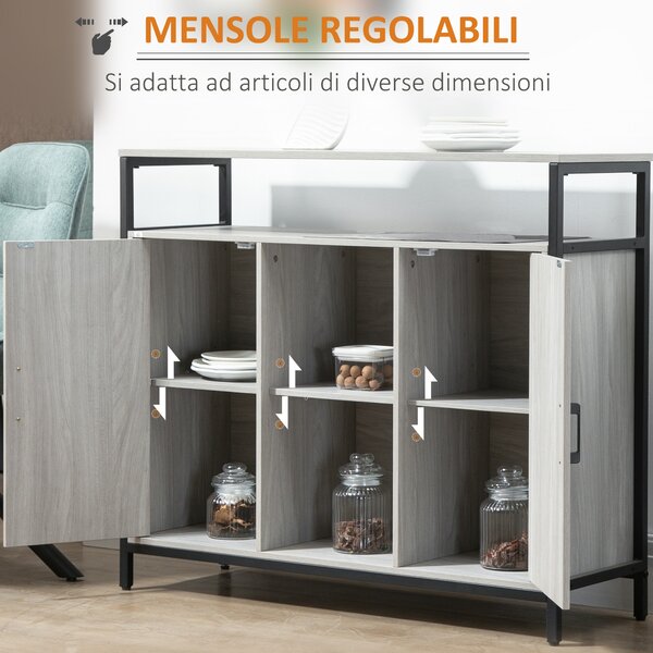 HOMCOM Credenza Moderna in Legno con 2 Armadietti e Ripiani, Mobile Cucina e per Ingresso Grigio Chiaro, 100x34x87.2cm|Aosom
