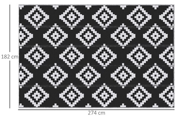 Outsunny Tappeto Esterno per Balcone e Terrazza Reversibile con Fantasia Geometrica, 2.74x1.82 m, Nero e Bianco