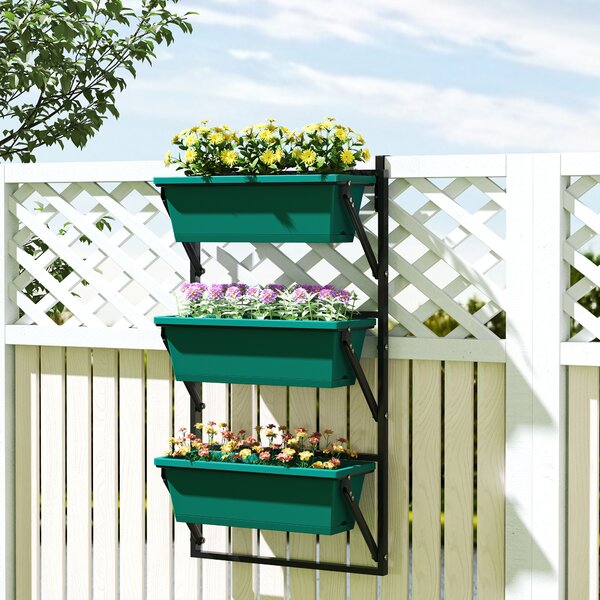 Outsunny Fioriera da Esterno Verticale e 3 Vasi per Piante in Plastica con Fori di Drenaggio, 56x42x100 cm, Verde